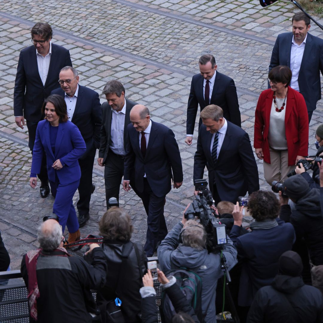 Leading members of the German Social Democrats, the Greens Party and the German Free Democrats arrive to present their mutually-agreed on coalition contract on November 24, 2021 in Berlin.