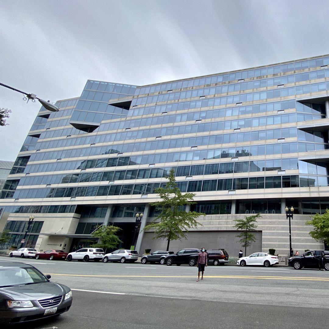 A view of the International Monetary Fund (IMF) building from the street in Washington D.C. on Sept. 25, 2020.