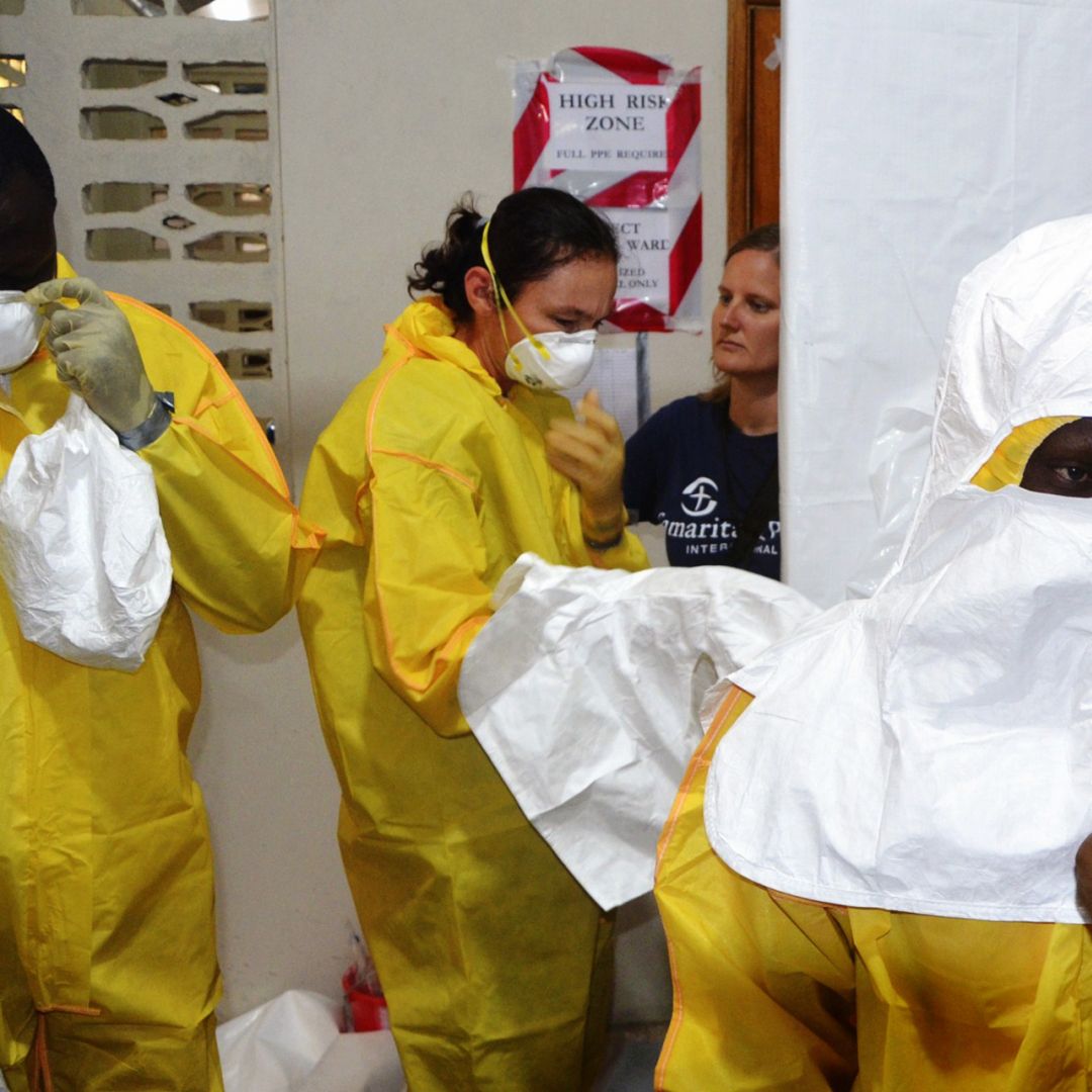 Staff of the Christian charity Samaritan's Purse dress in protective gear in the ELWA hospital in the Liberian capital Monrovia on July 24. 