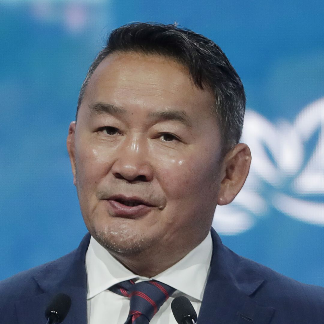 Mongolian President Khaltmaa Battulga speaks on Sept. 5, 2019, during the Eastern Economic Forum in Vladivostok, Russia.