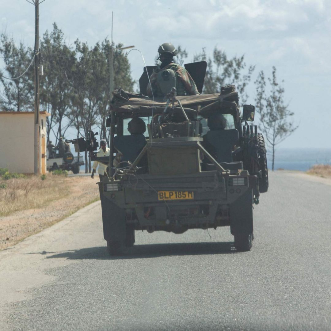 A military convoy from a multinational intervention force on Aug. 5, 2021, in Pemba, Mozambique.