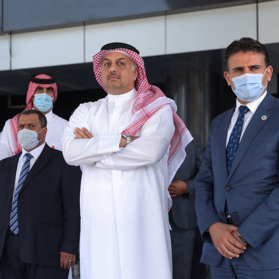 Qatar’s defense minister (center) waits for the arrival of his Turkish counterpart to meet with the prime minister of Libya’s U.N.-recognised Government of National Accord (GNA) in Tripoli on Aug. 17, 2020. 