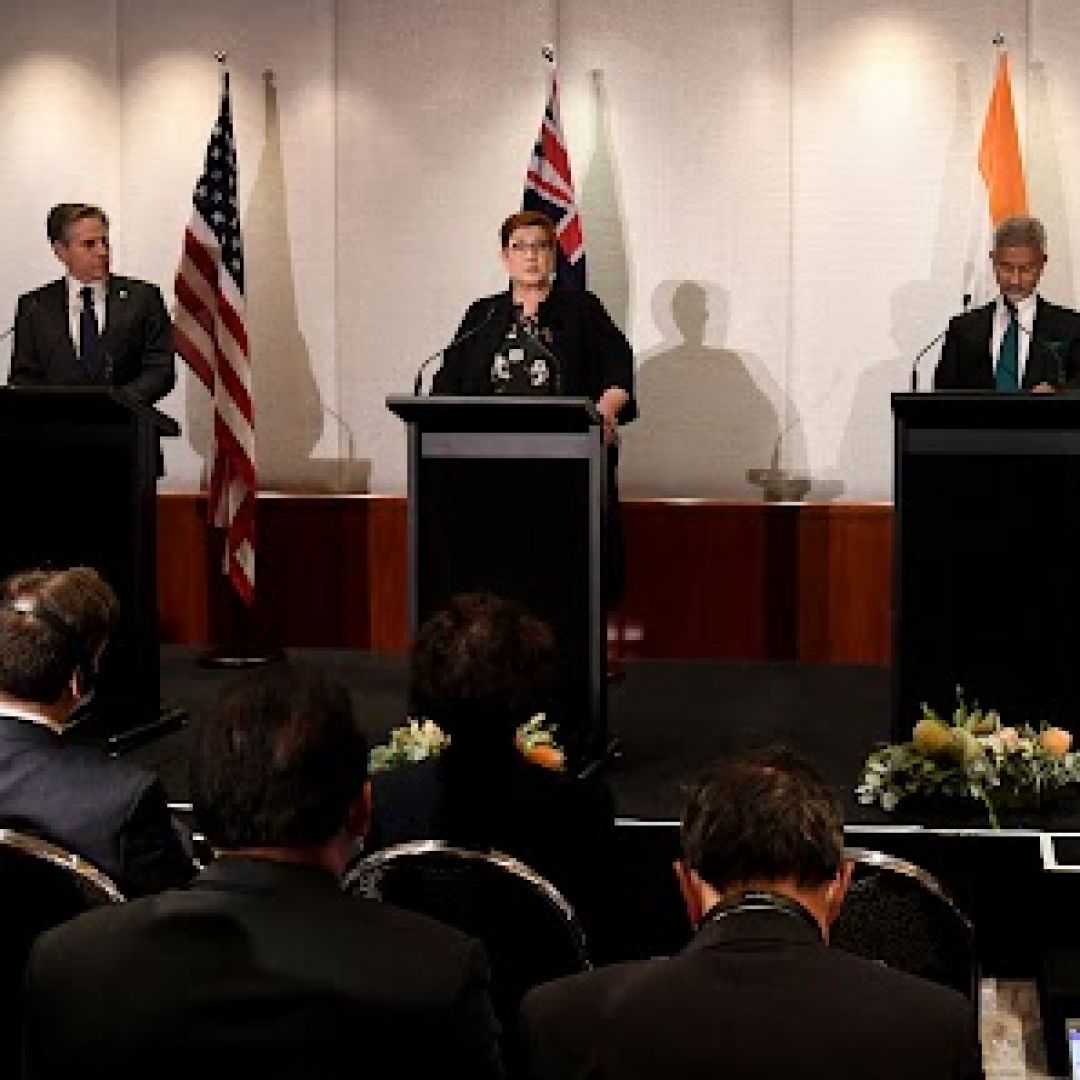 From left to right, the foreign ministers of the United States, Australia, India and Japan hold a press conference after a Quadrilateral Security Dialogue (Quad) meeting in Melbourne on Feb. 11, 2022.