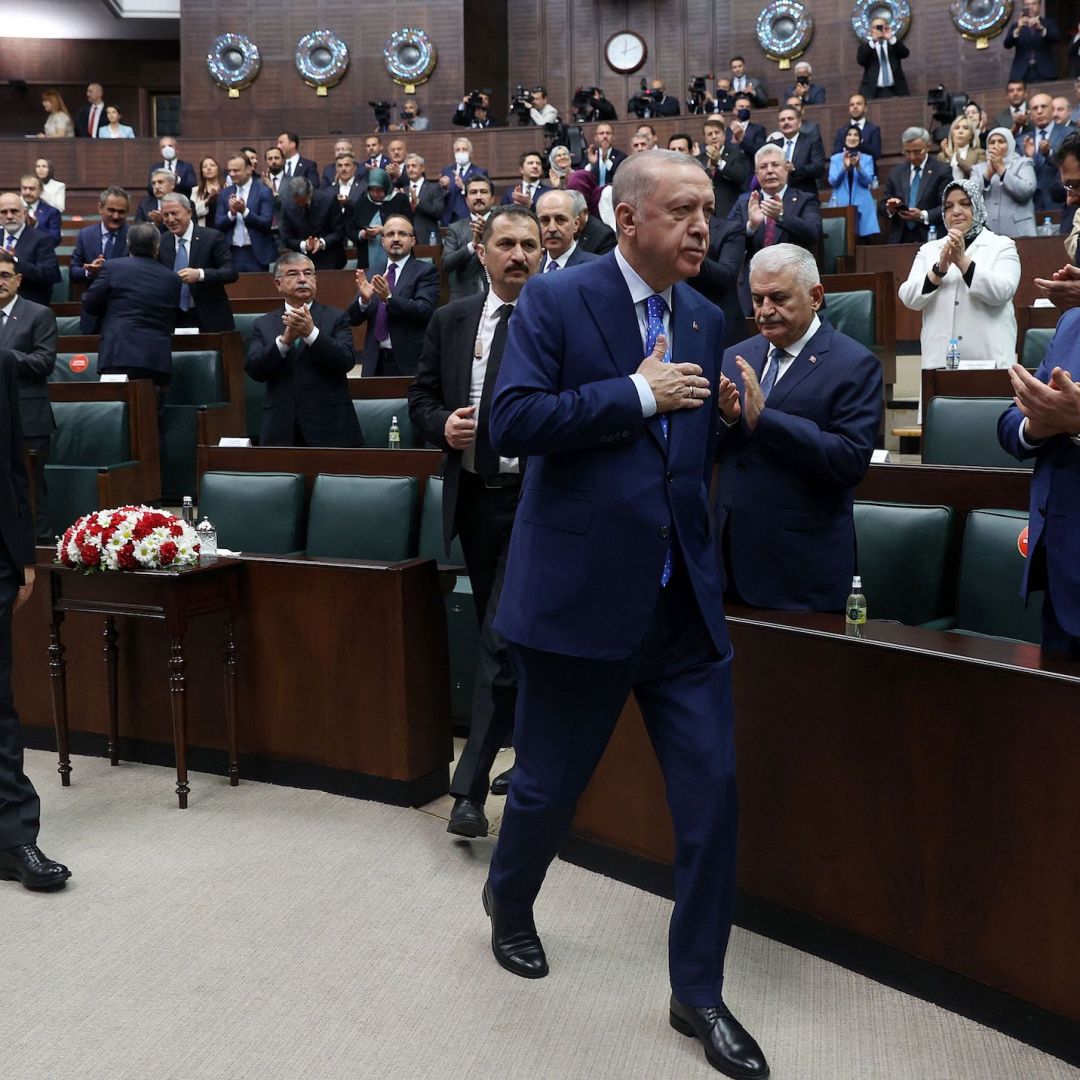 Turkish President Recep Tayyip Erdogan on May 18, 2022, at the Turkish Grand National Assembly in Ankara. 